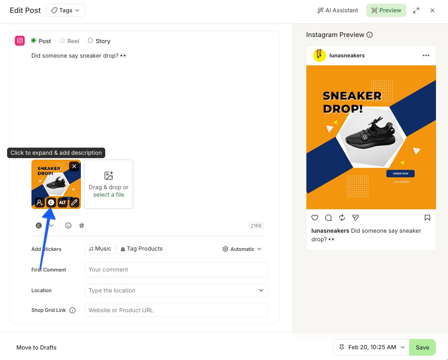 Buffer Publish composer - arrow pointing to Canva logo that appears when hovering over an image created in Canva