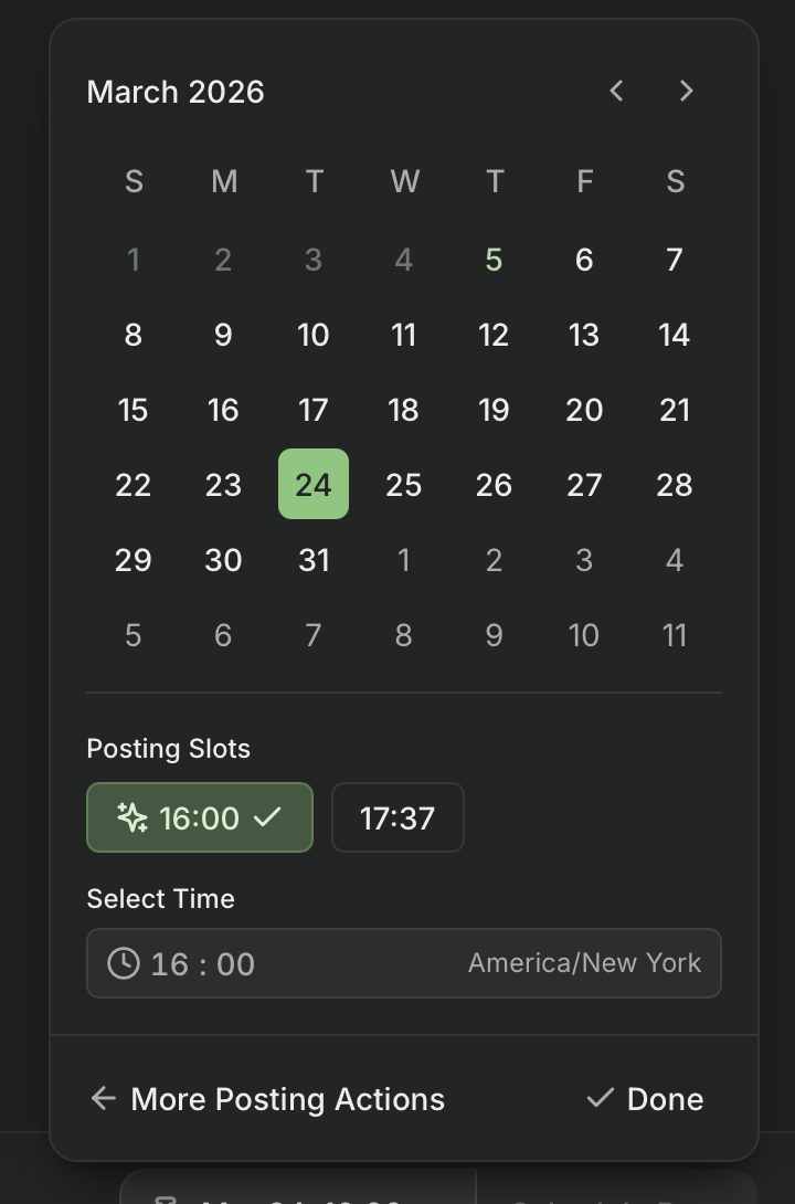 Buffer date picker showing suggested posting slots marked with a sparkle icon