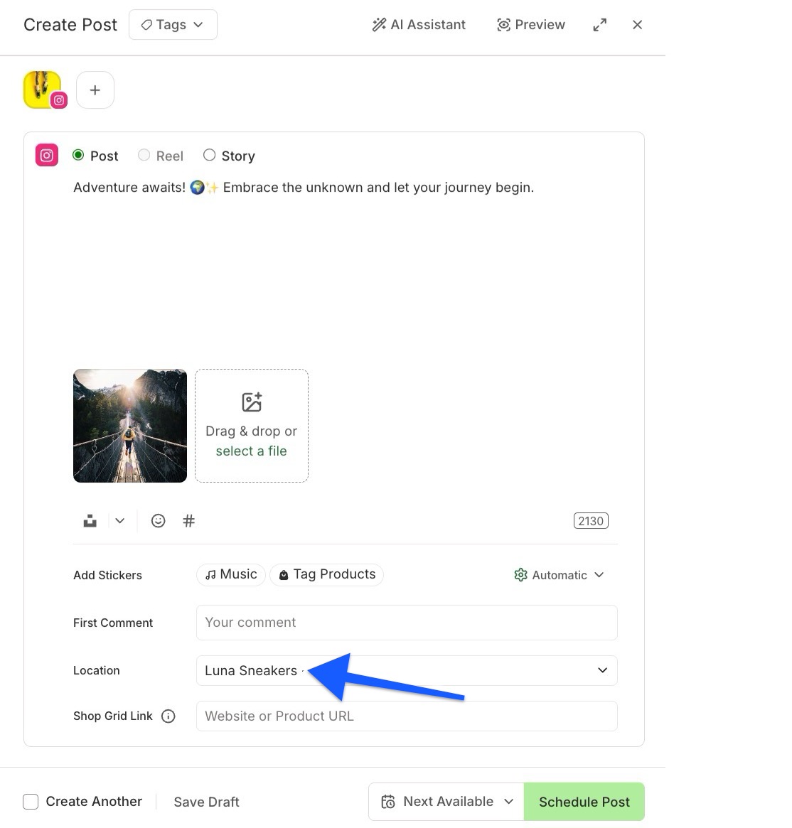 Buffer Publish composer - arrow pointing to Instagram location field
