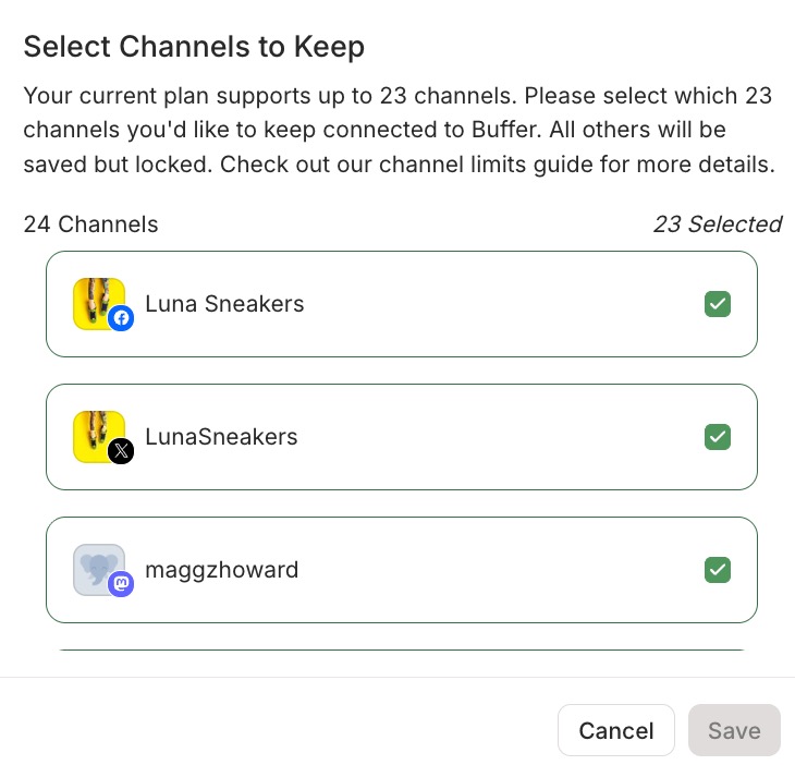 Buffer - Select Channels to Keep pop up with three channels selected