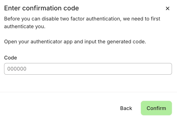 Buffer pop up confirmation to disable two factor authentication