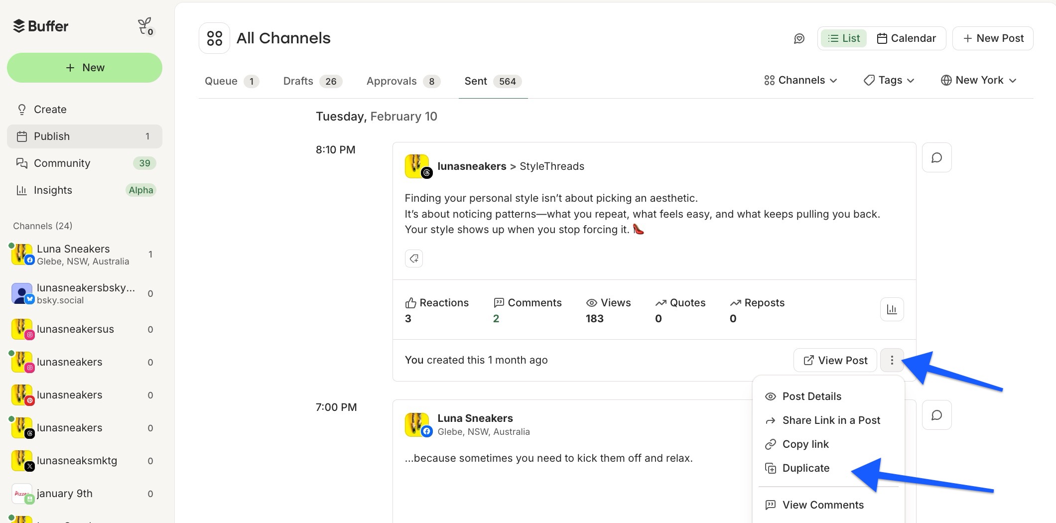 Buffer Publish Sent Posts tab with arrows pointing to post dropdown menu and Duplicate option