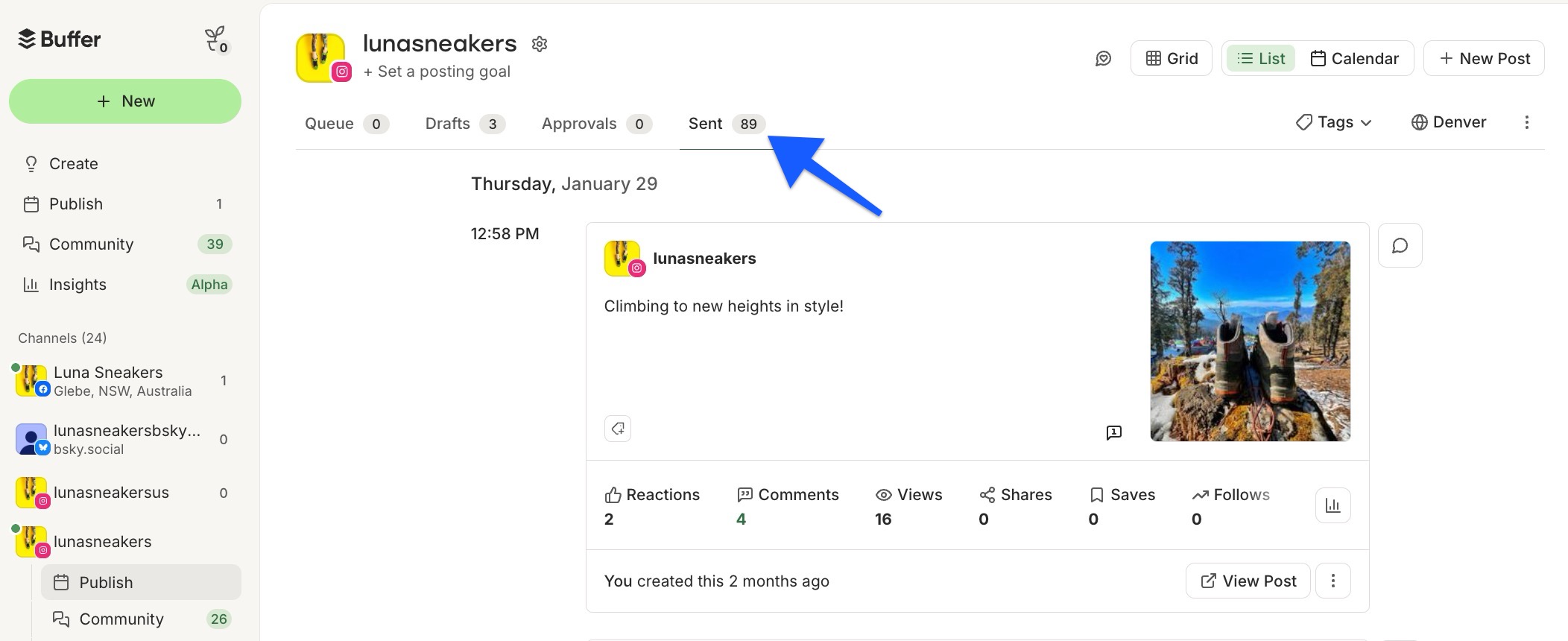 Buffer Publish with arrow pointing to Sent tab