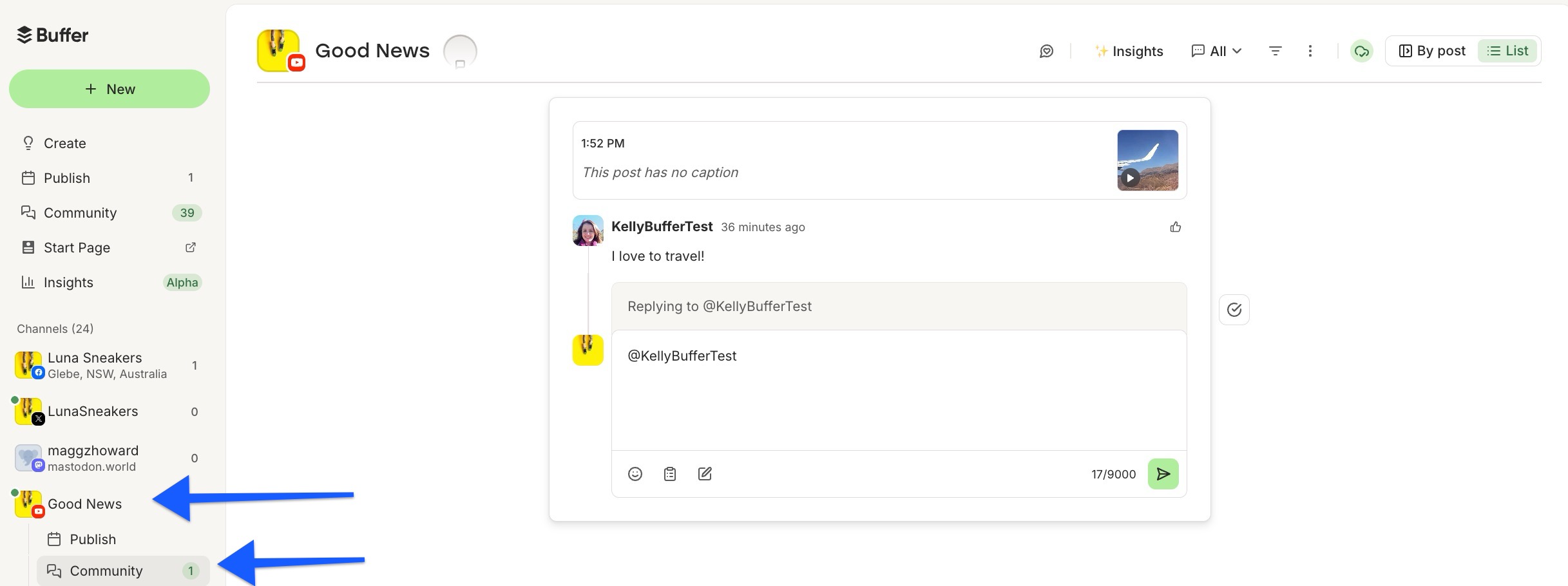 Buffer web dashboard with arrows pointing to YouTube and Community in left sidebar