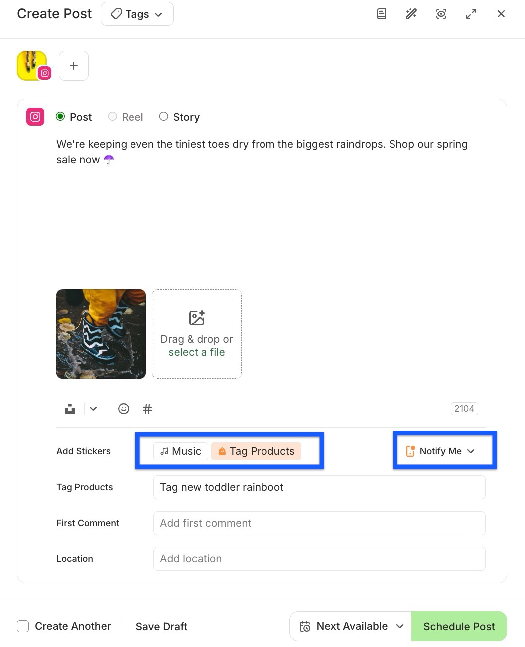 Buffer Publish composer with Tag Products and Notify Me selected for an Instagram post