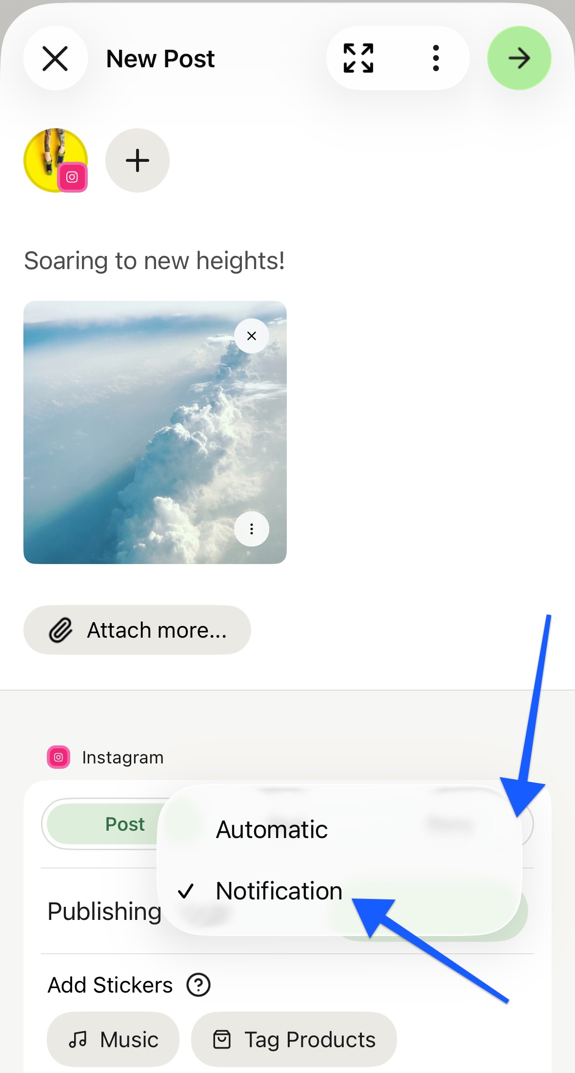 Buffer iOS app with Instagram composer open and arrows pointing to the Publishing Mode and Notification options