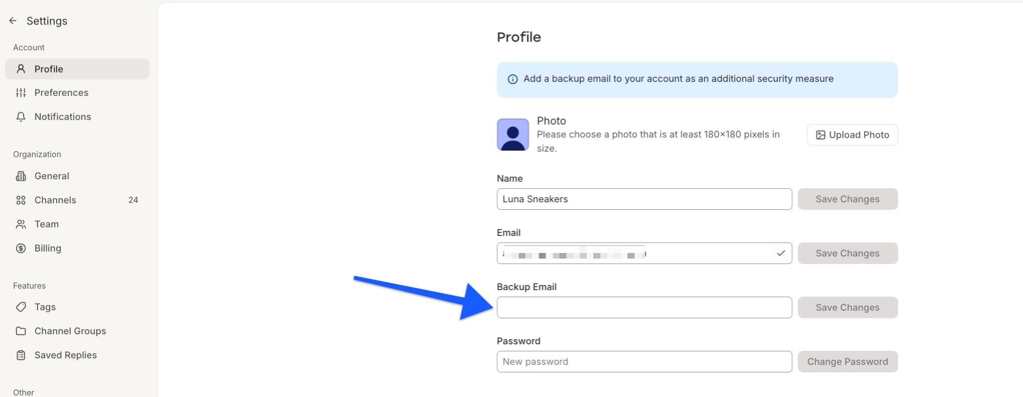 Buffer - Account settings - how to add a backup email