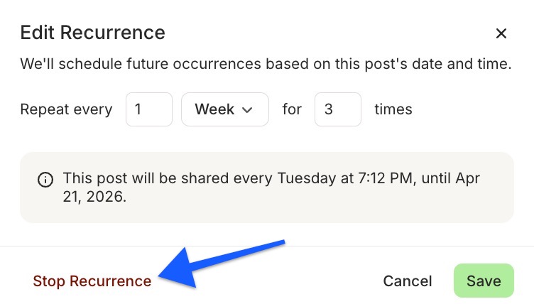 Edit Recurrence screen in Buffer Publish with an arrow pointing to the Stop Recurrence option