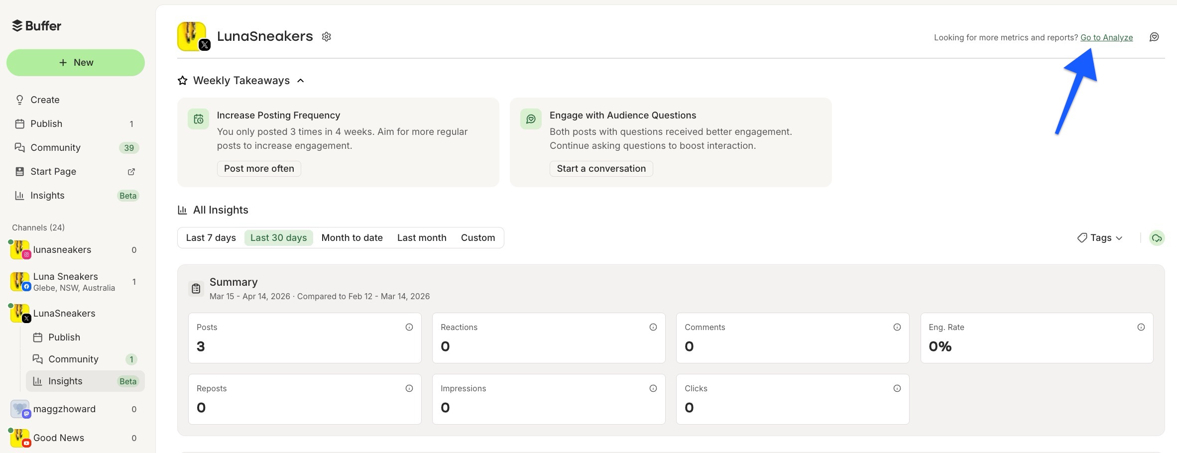 Arrow pointing to Analyze link in the upper right corner of the Insights dashboard