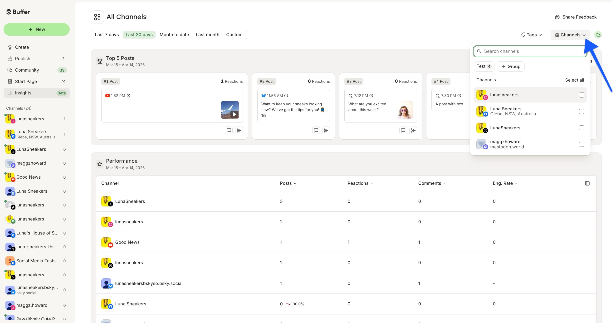 Buffer Insights - arrow pointing to Channels filter in All Channels view