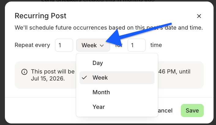 Image of Recurring Post modal with arrow pointing to Week option 
