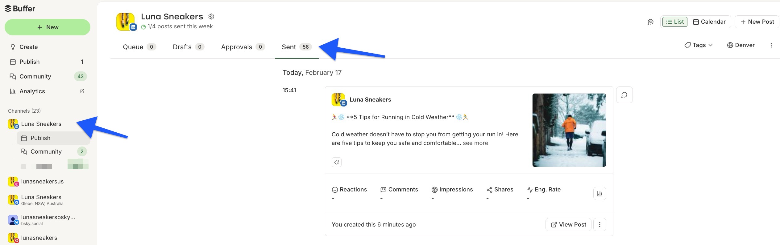 Buffer - Publish - Sent tab - LinkedIn