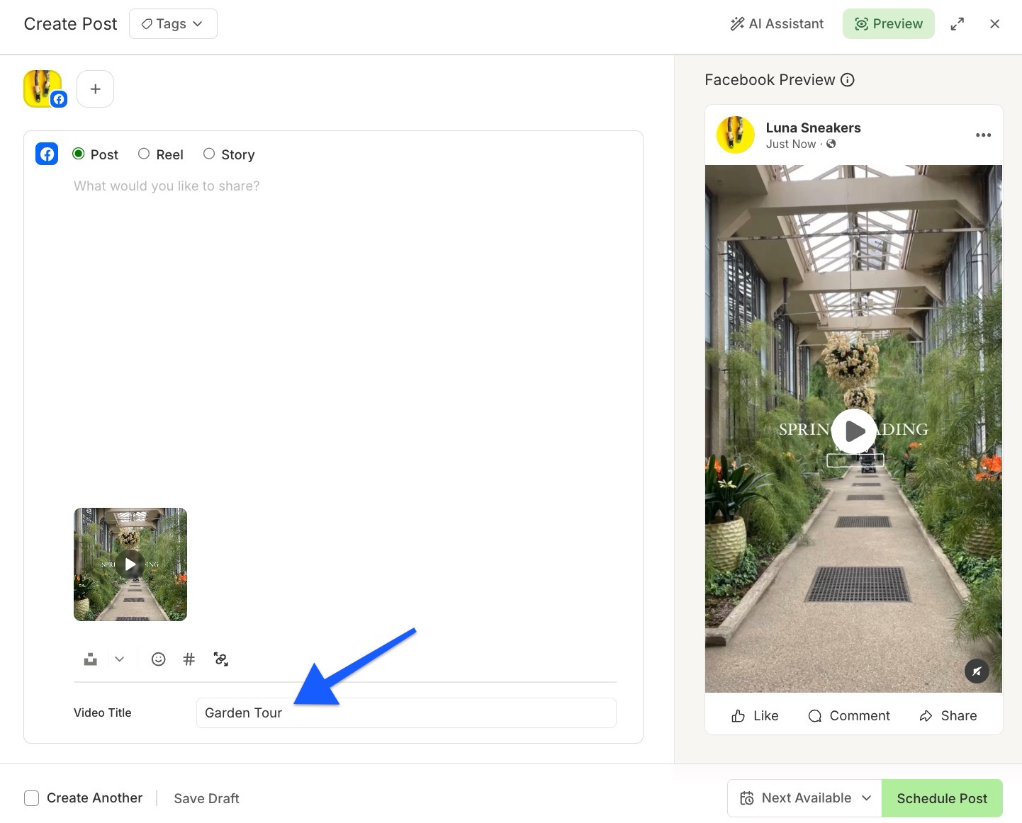 Buffer - Publish composer arrow pointing to Video Title field