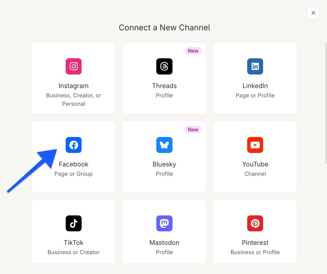 Buffer - Channel connection page with arrow pointing to Facebook