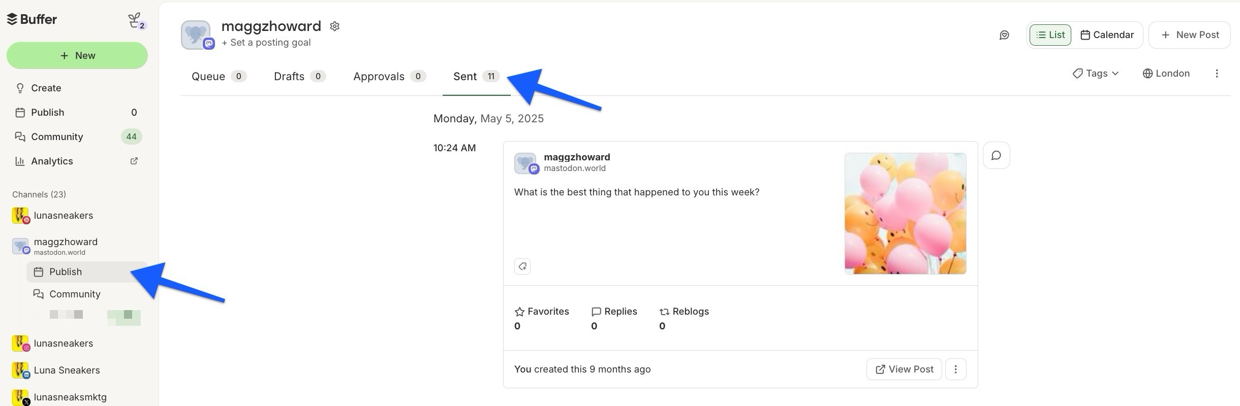 Buffer - Sent tab - Mastodon channel