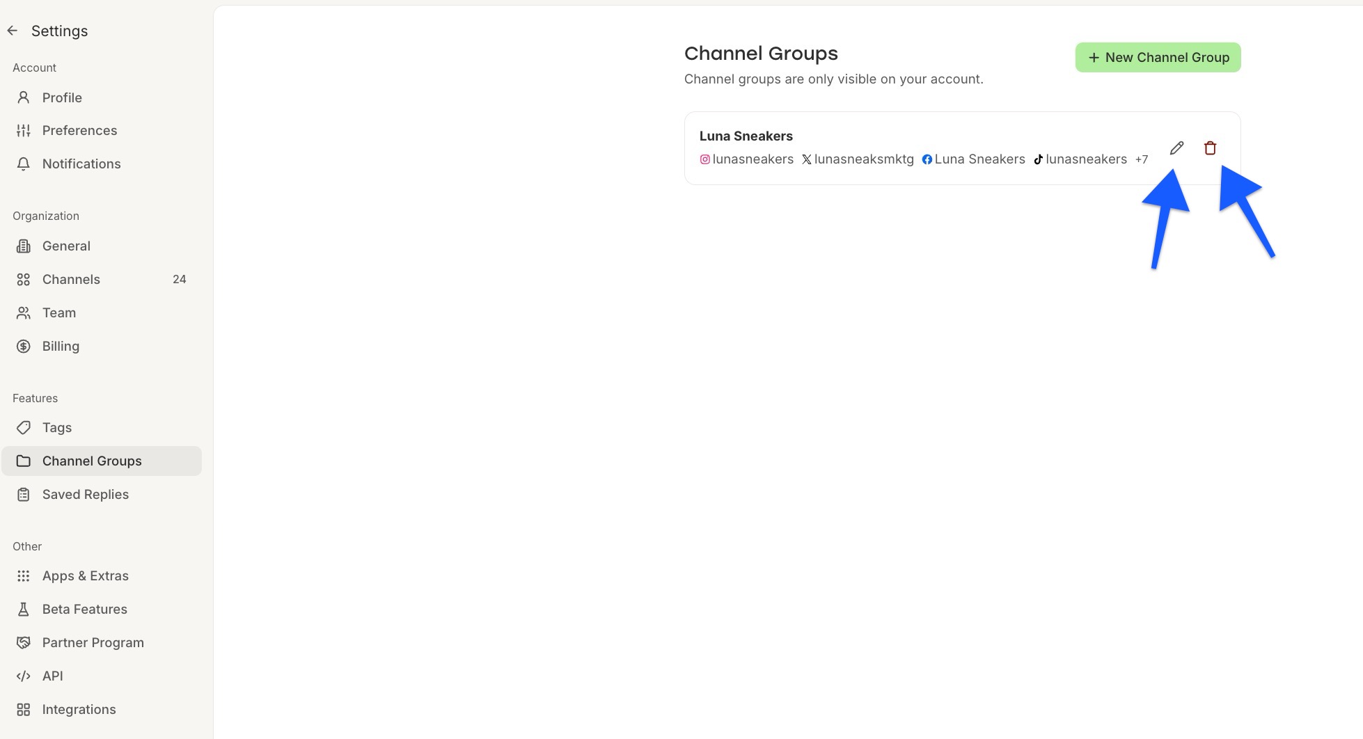 Buffer - Account Settings Edit or Delete Channel Groups