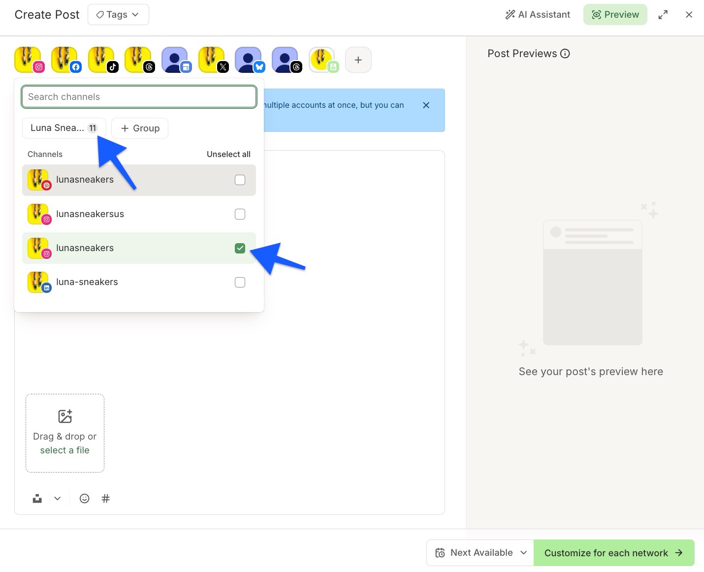Buffer - Publish composer with Luna Sneakers channel group selected