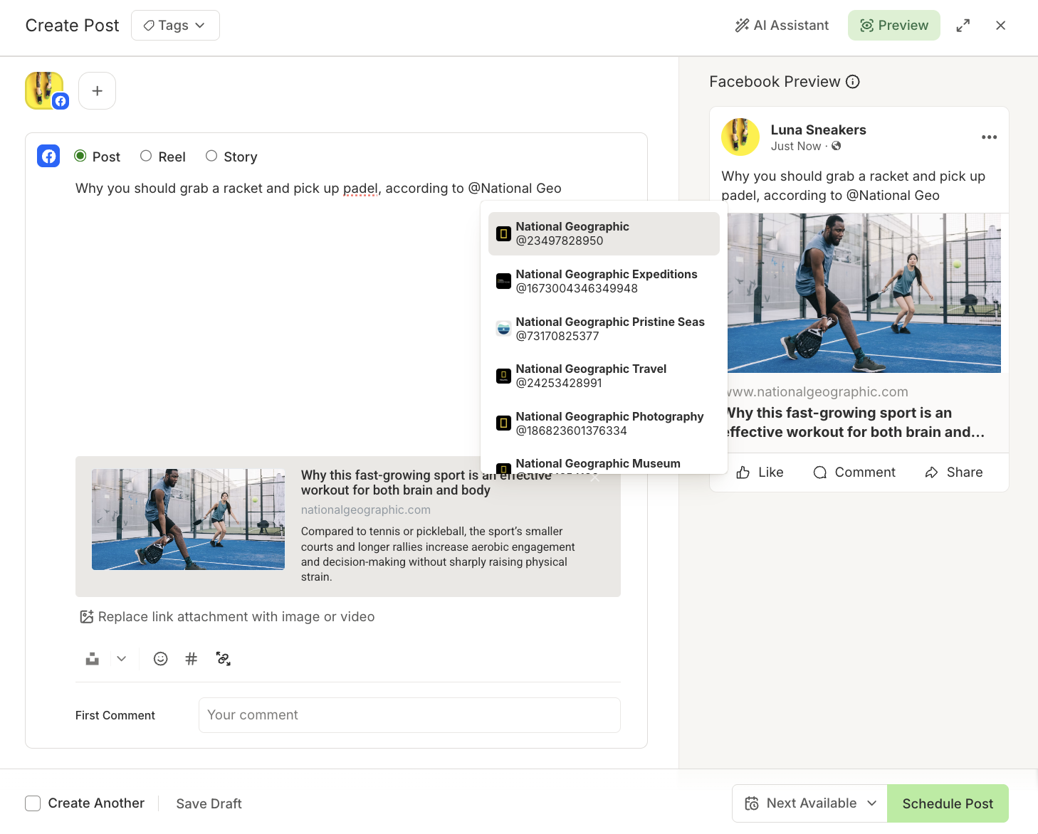 Buffer composer - tagging a Facebook page