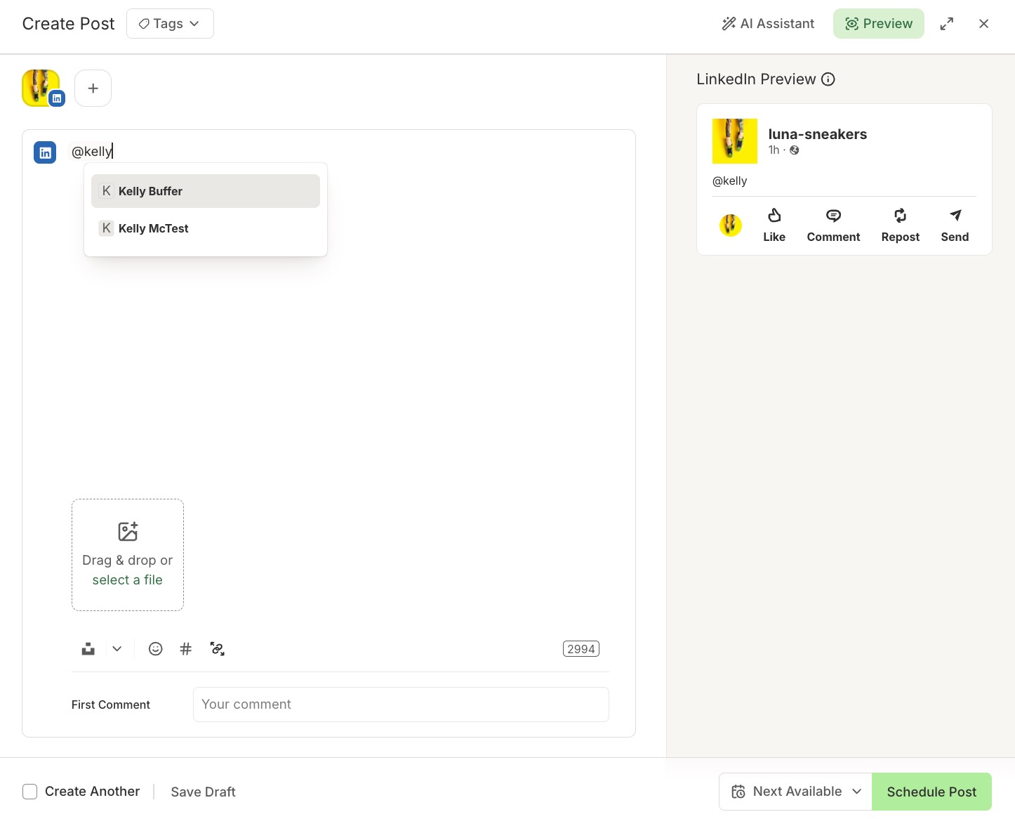 Buffer - Publish composer - tagging a LinkedIn profile