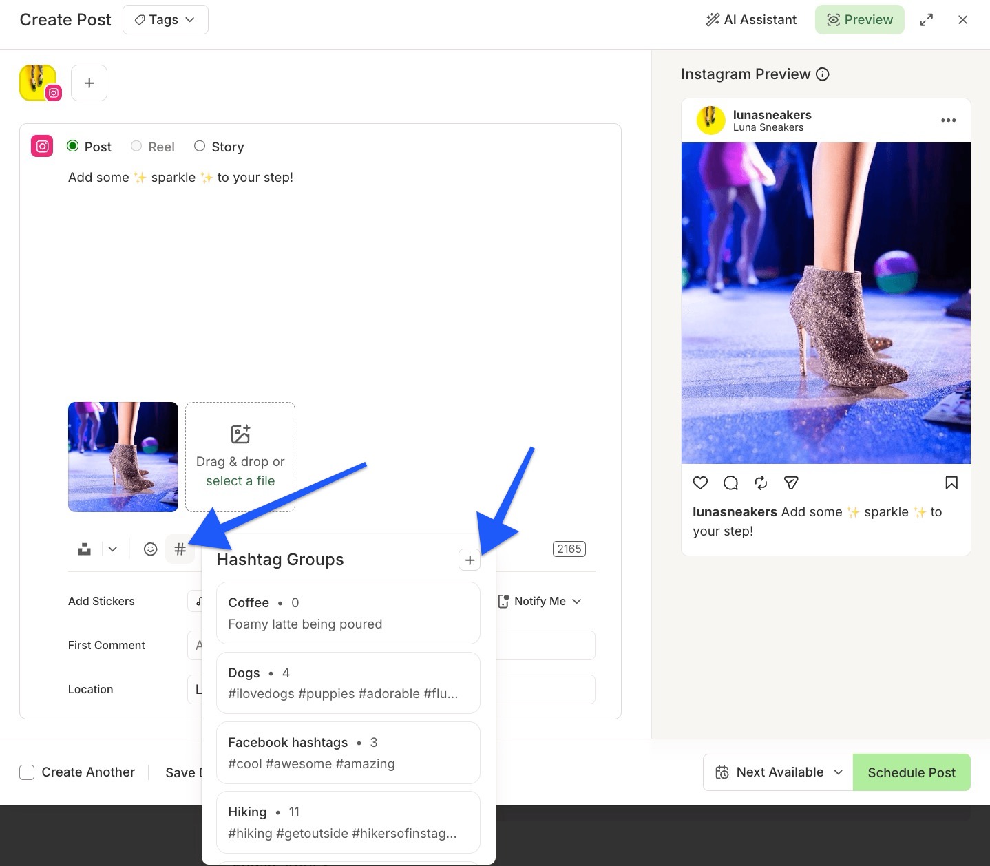 Buffer - Publish composer - arrows pointing to Hashtag Manager and New Hashtag Group