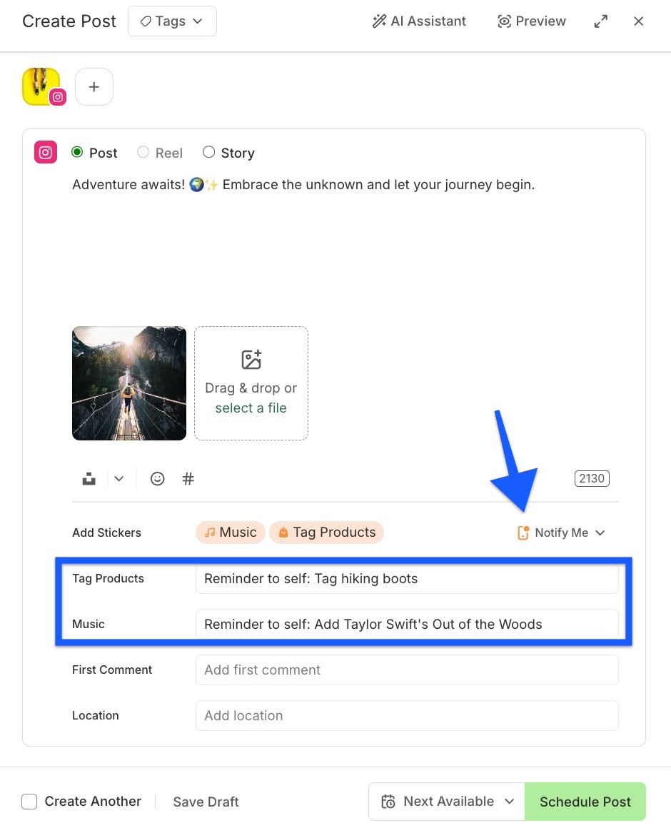 Buffer - Instagram notification post with Tag Products and Music filled in