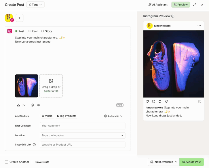 GIF of switching between Instagram notification and automatic publishing