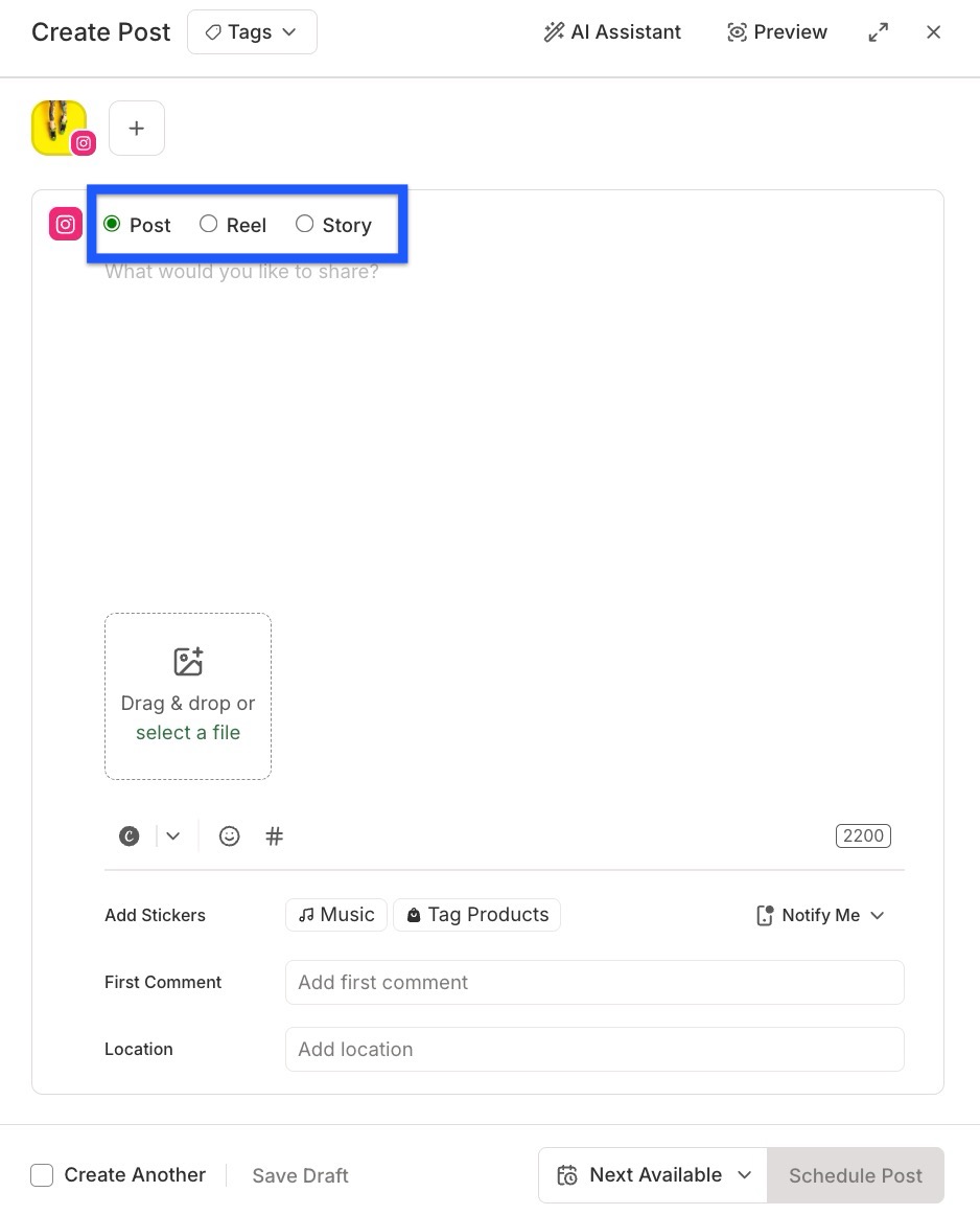 Buffer - Publish composer - Instagram post type