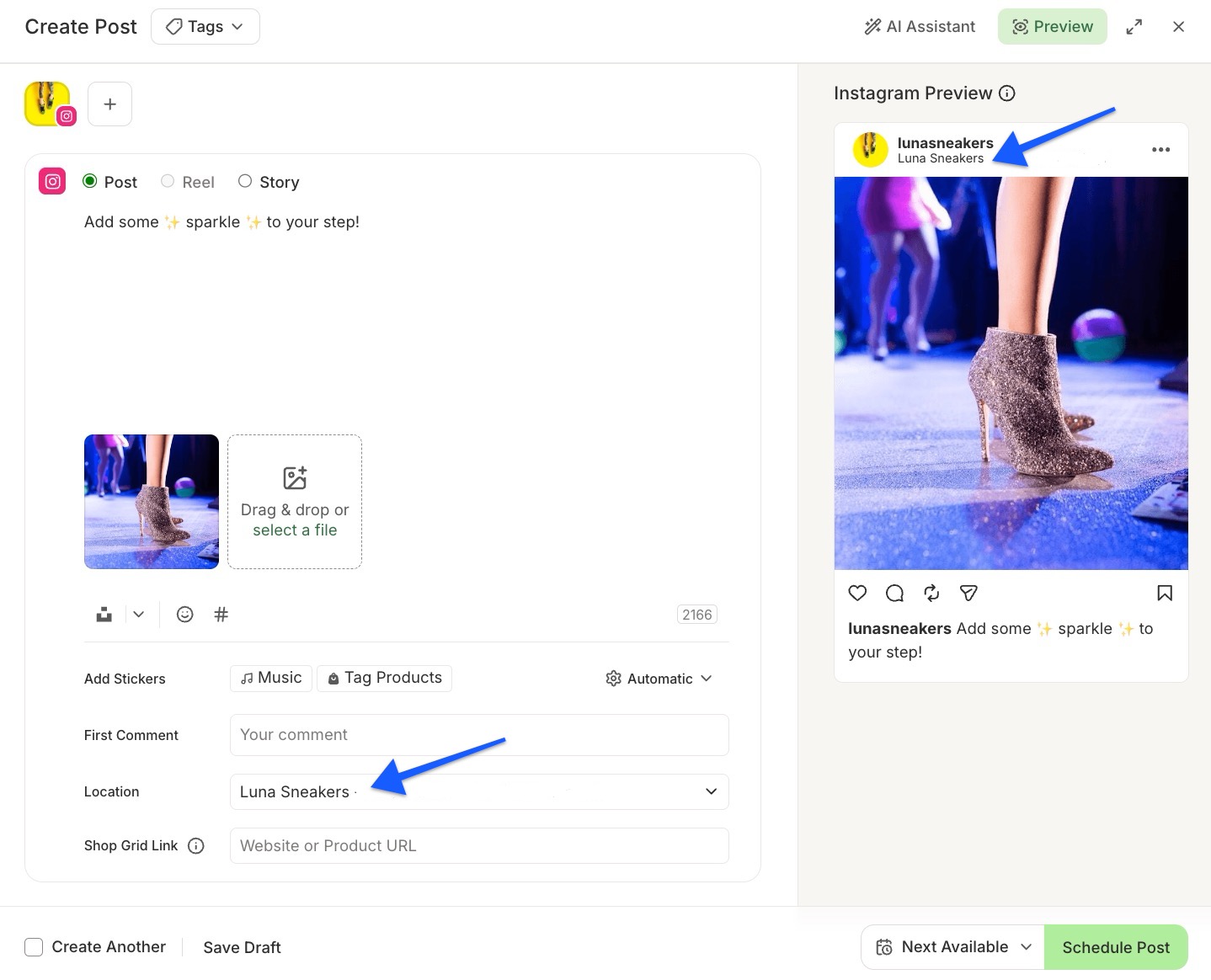 Buffer - Instagram post with arrow pointing to location