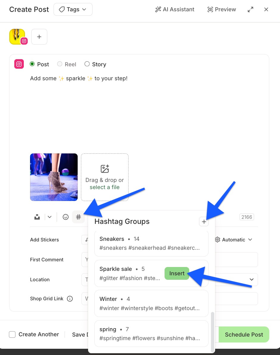 Buffer - arrows pointing to Hashtag Manager and option to insert hashtag group into post