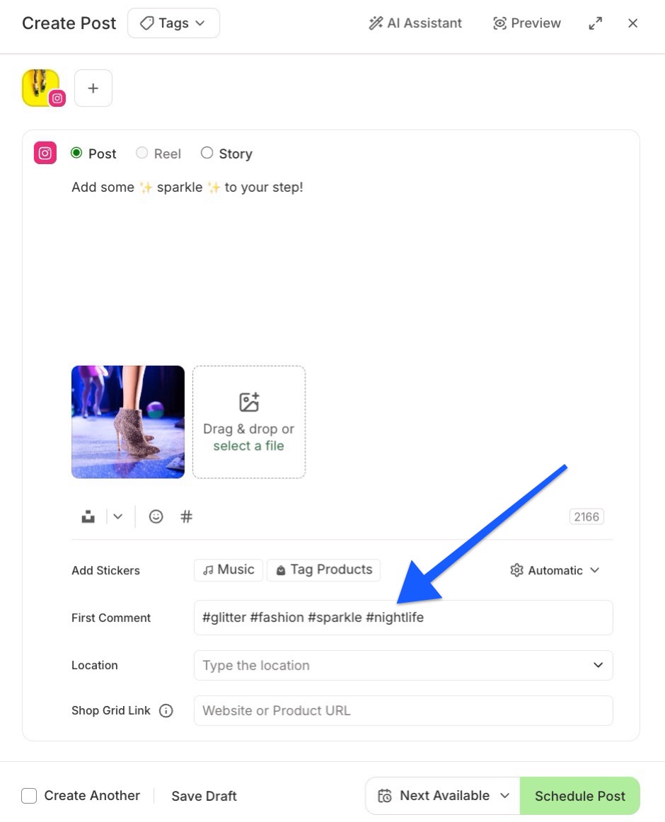 Buffer - Instagram first comment field in the Publish composer