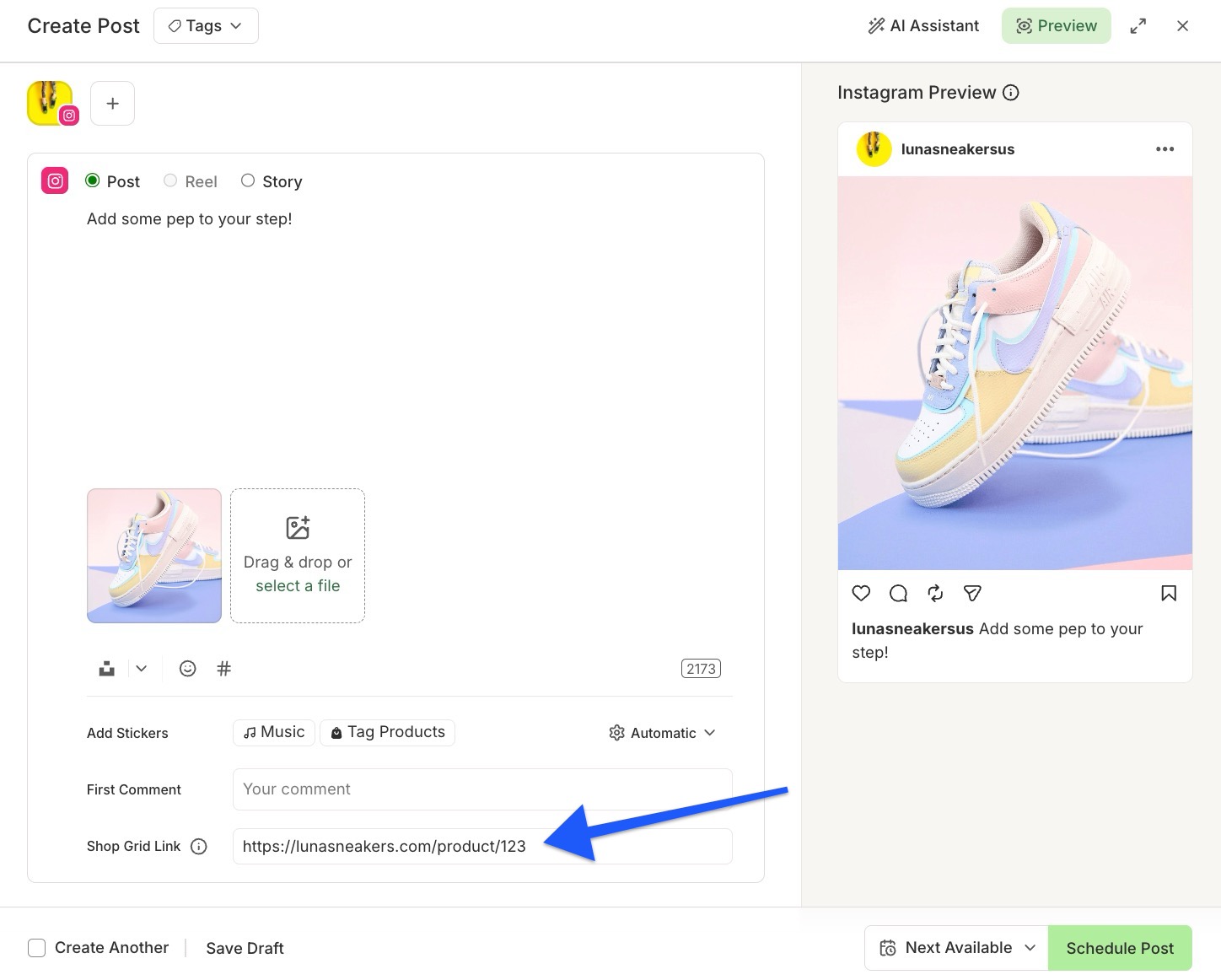 Buffer - Instagram post with Shop Grid field filled