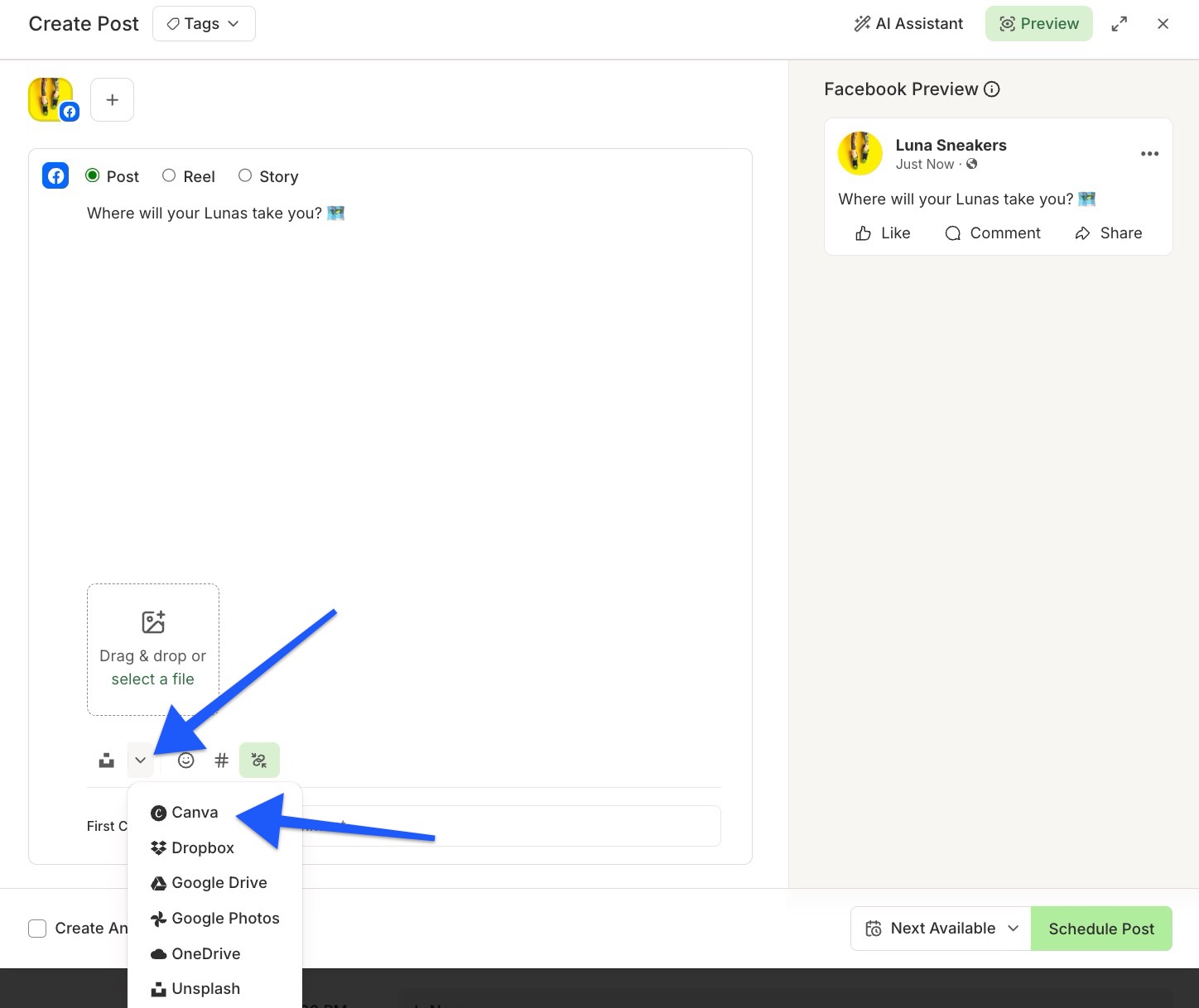 Buffer - Publish integrations menu with menu pointing to Canva