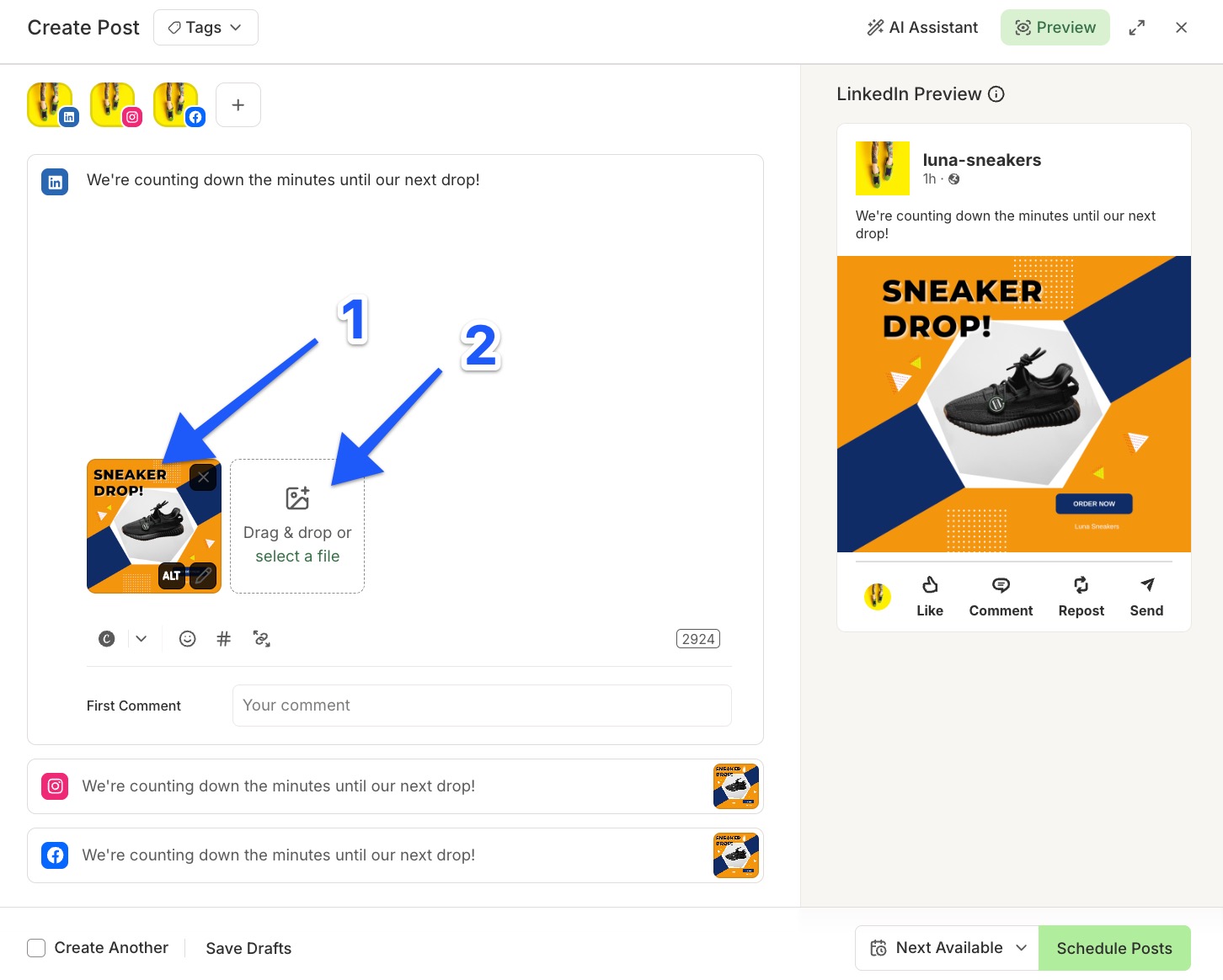 Buffer Publish composer with arrows pointing to uploaded image and box to upload second image