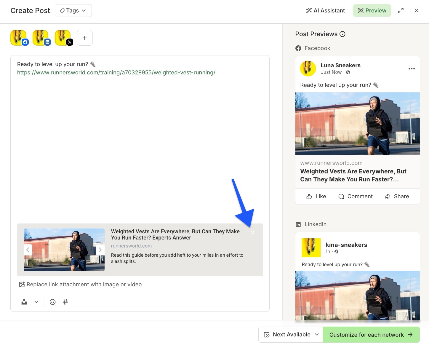 Buffer - Publish composer - 3 channels selected for a link post - arrow to remove link preview
