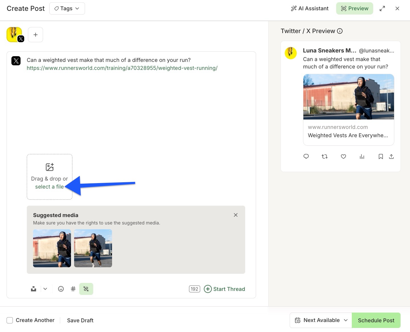 Buffer composer - arrow pointing to option to upload image