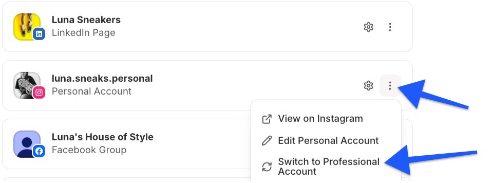 Buffer - Channel settings - Switch to a Professional Instagram Account