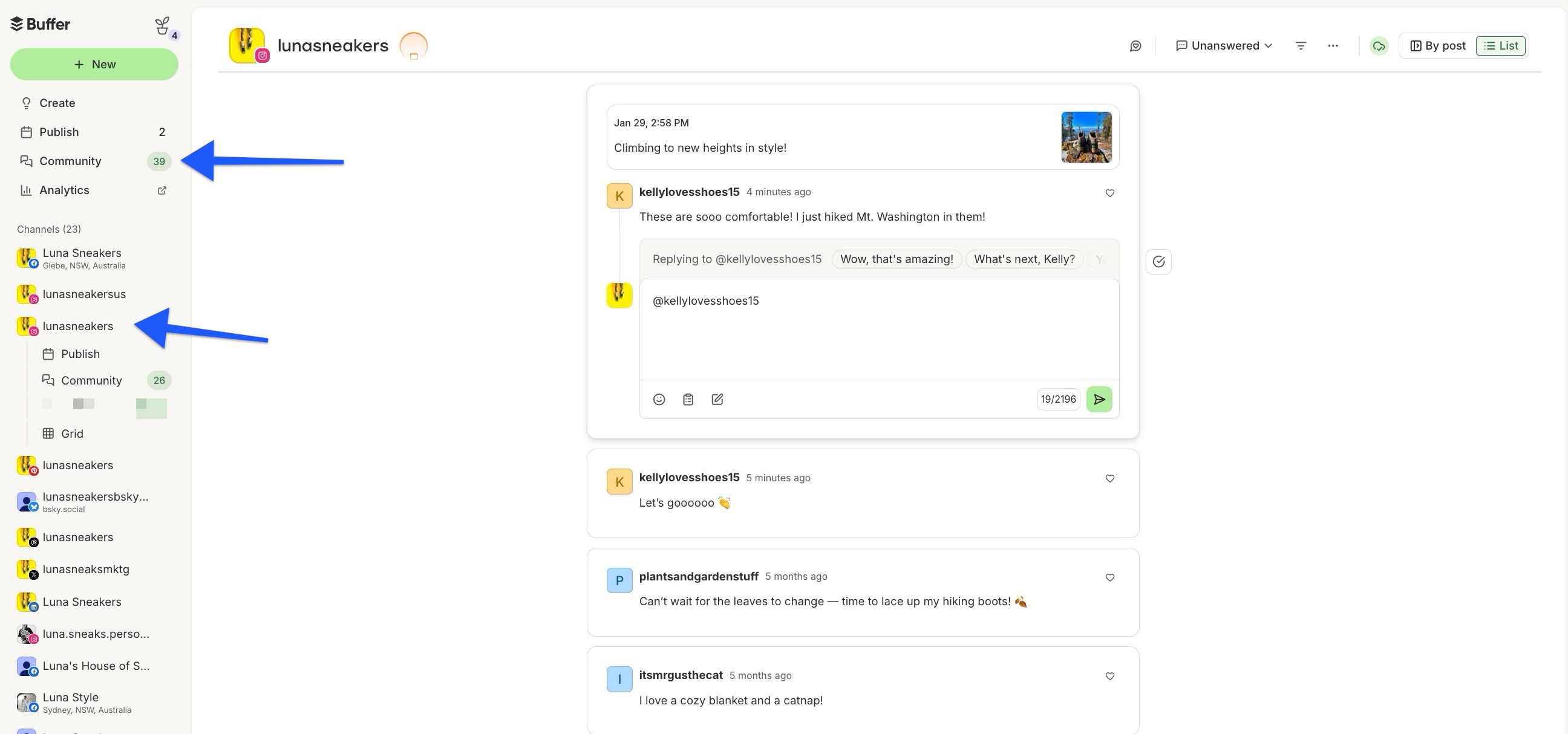 Buffer - Community - arrows pointing to Community and Instagram