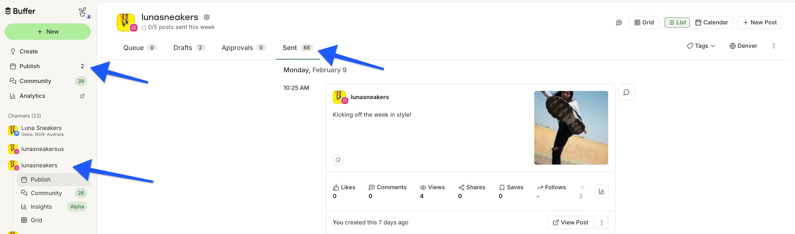Buffer - Publish Sent tab - Instagram