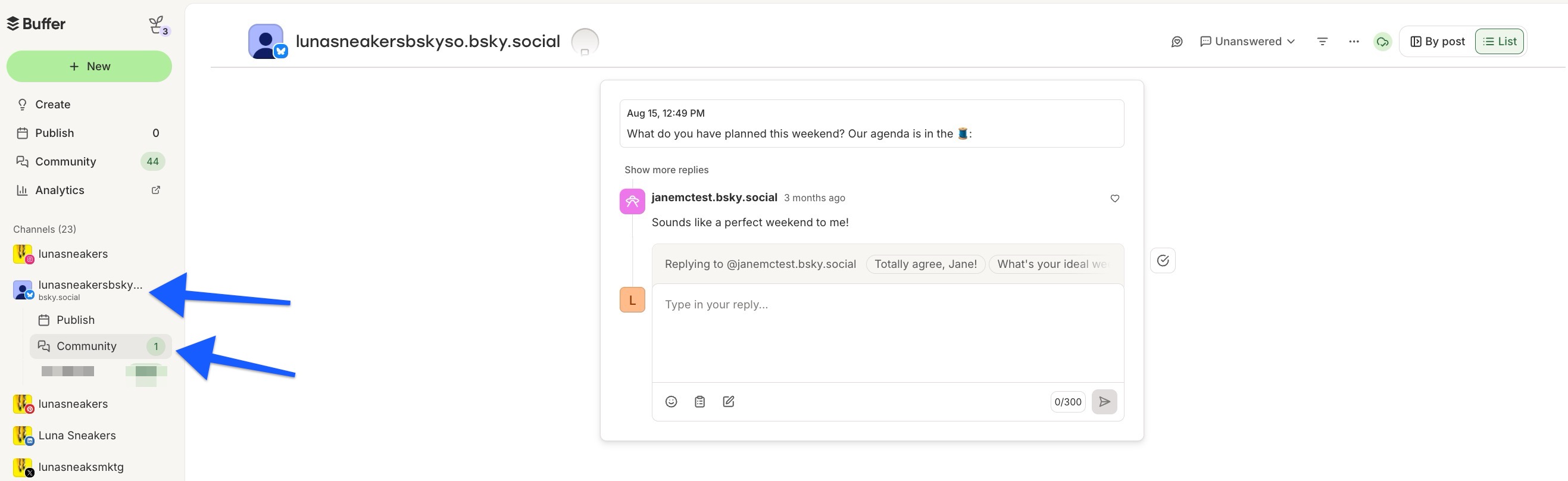 Buffer - Community dashboard with Bluesky selected