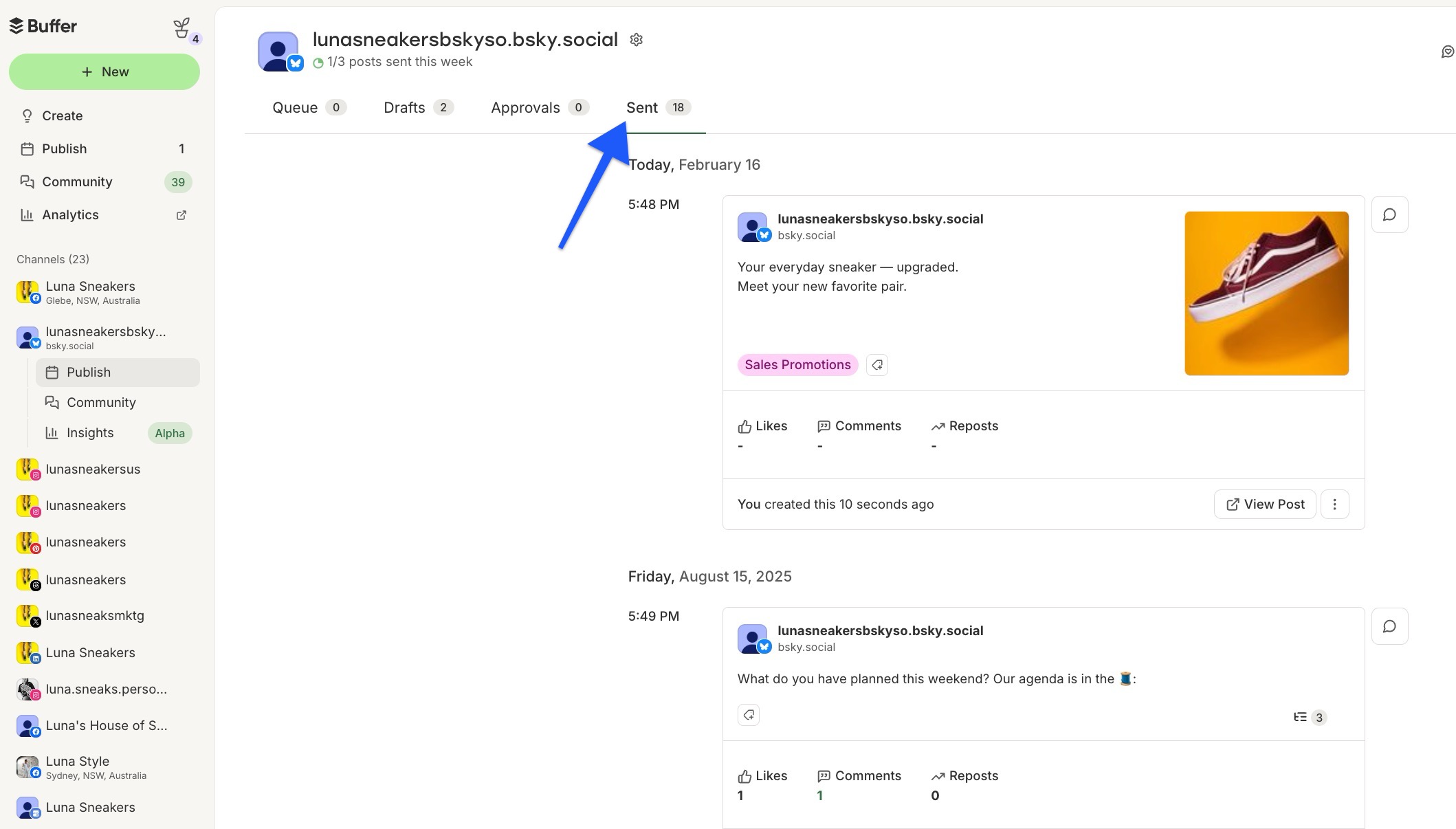 Buffer - Sent post tab - Bluesky