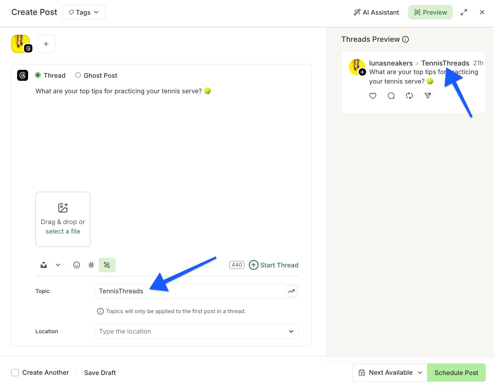 Buffer - Threads post with arrows pointing to Topic field and Topic in preview