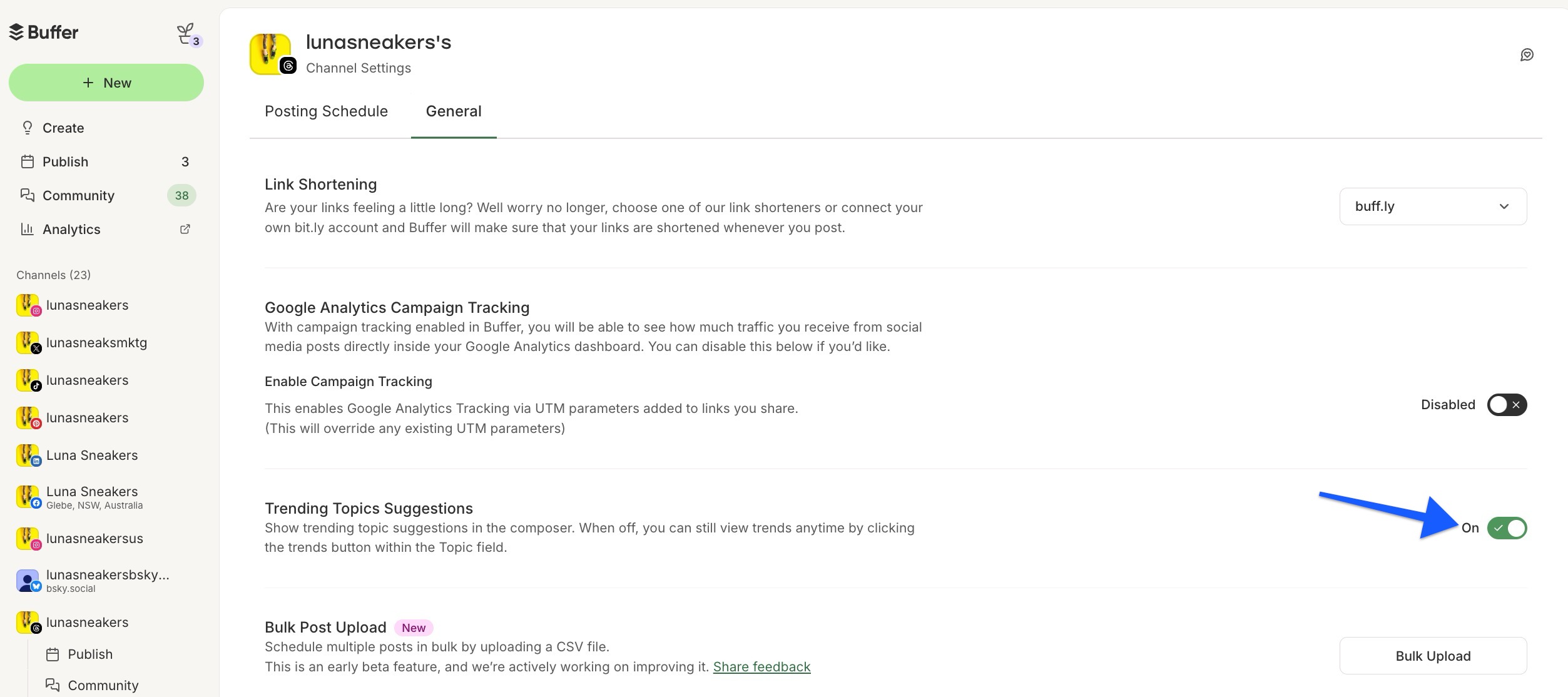 Buffer - Threads channel settings - Trending Topics Suggestions toggled ON
