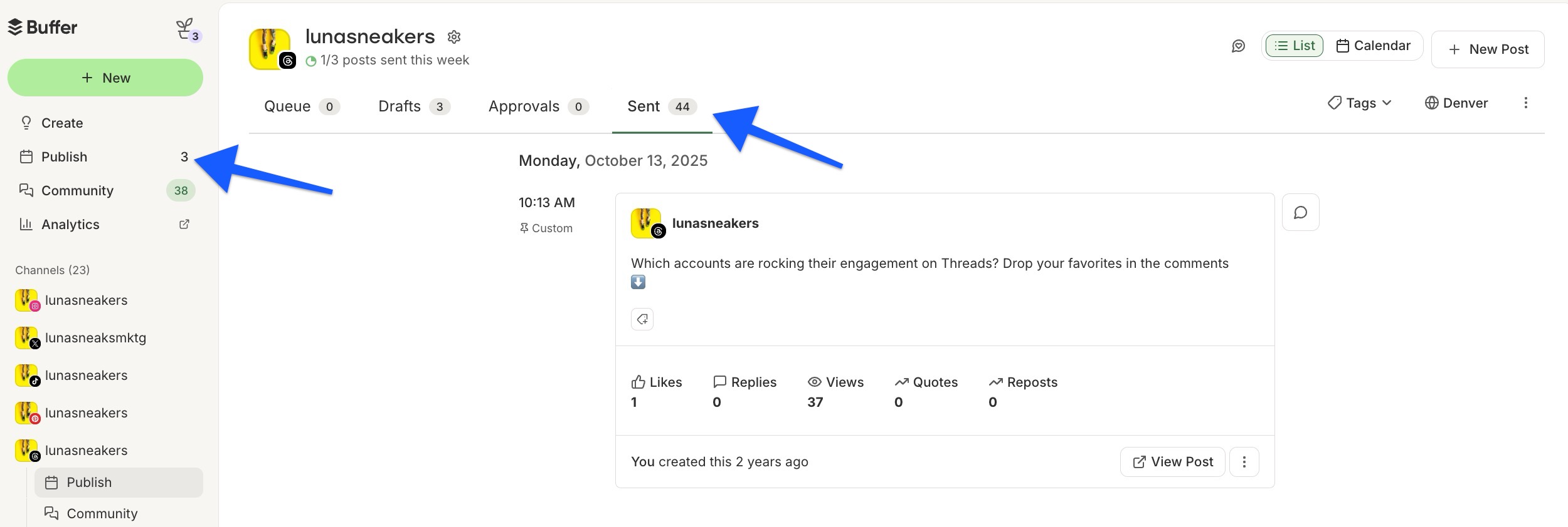 Buffer - Publish Sent tab for Threads channel