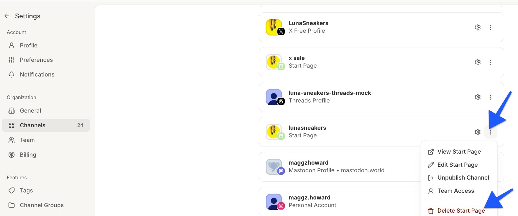 Buffer - Channels page - delete Start Page