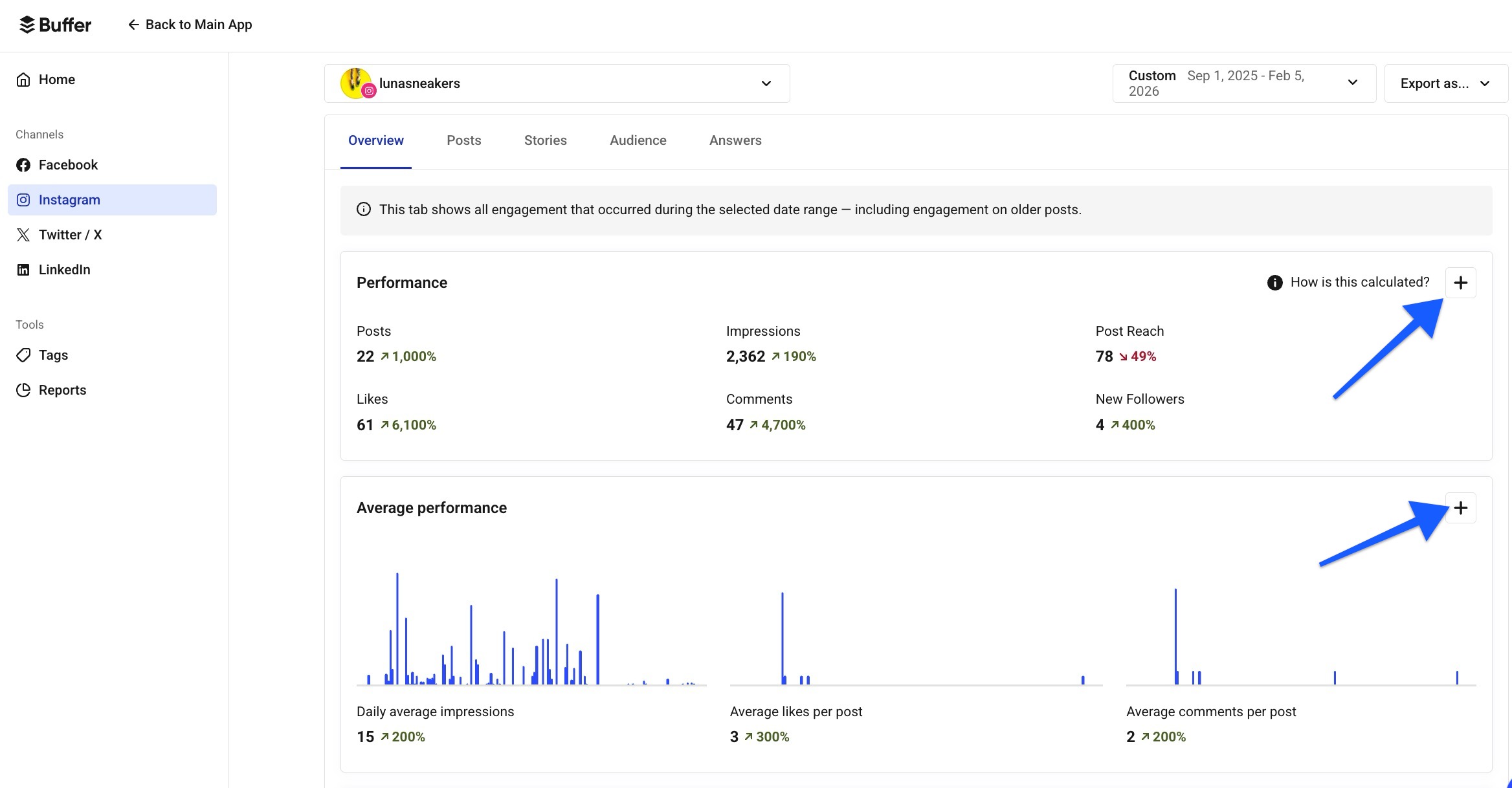 Buffer - Analyze Instagram Overview - add to custom report