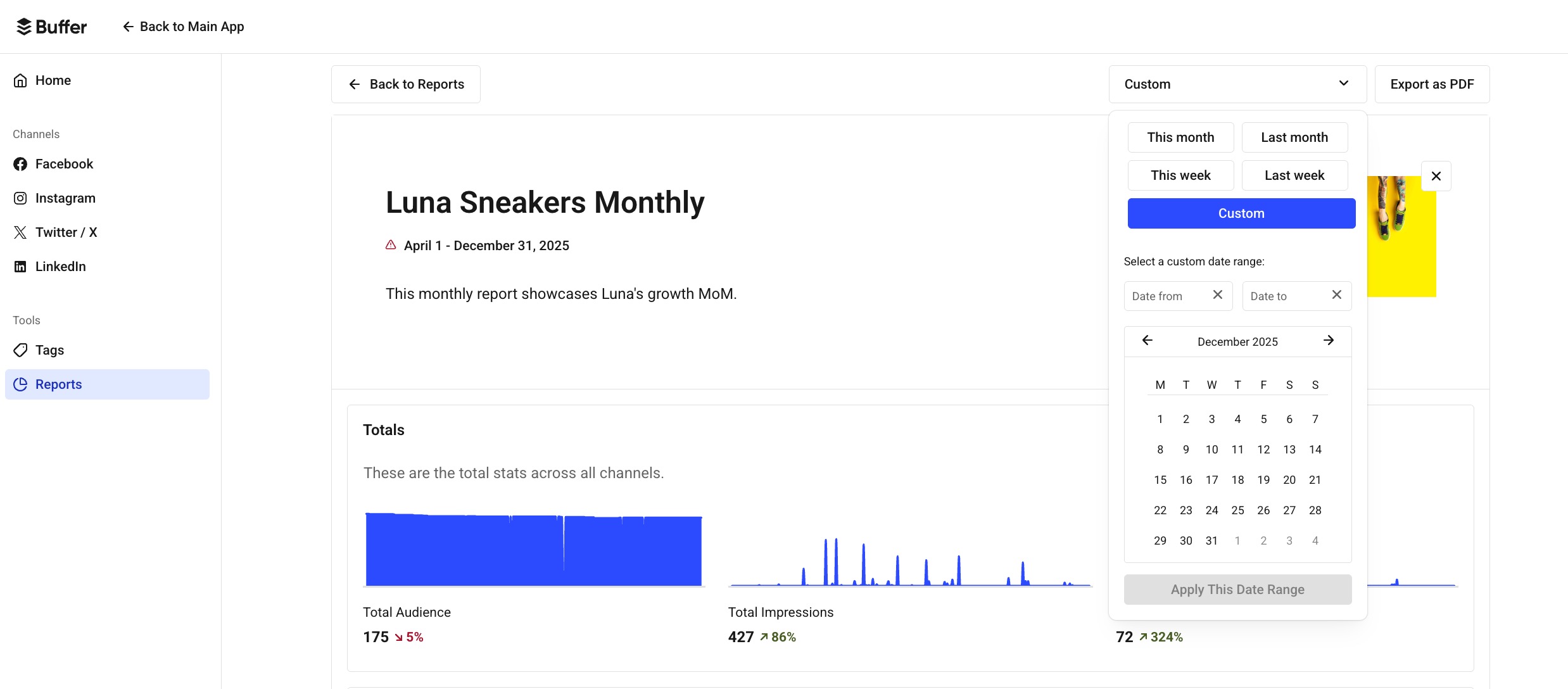 Buffer - Analyze - custom date range in report