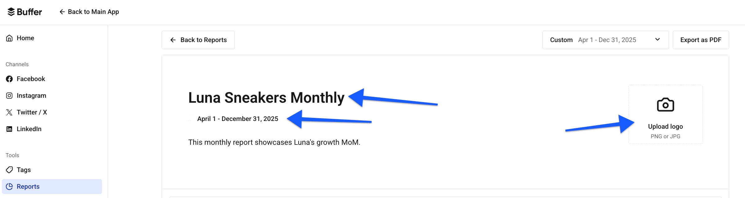 Buffer - Analyze custom report with arrows pointing to title, date and upload logo options