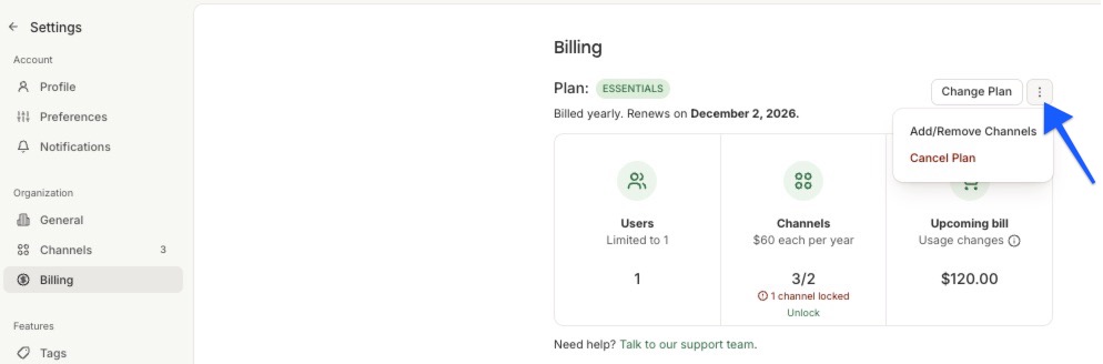 Buffer - Billing settings with arrow pointing to three vertical dots near Change Plan