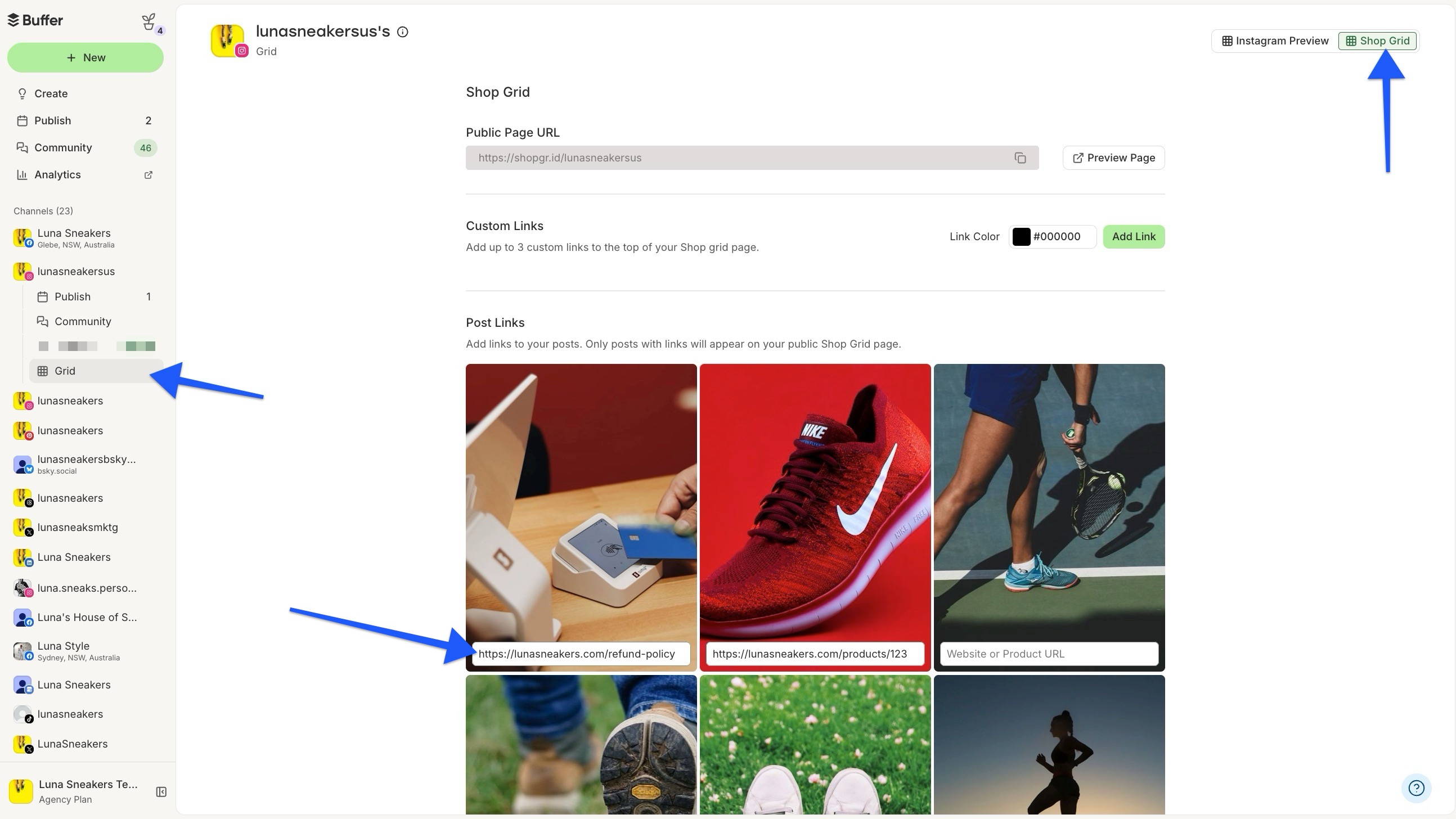 Buffer - Instagram Shop Grid with arrow pointing to post link