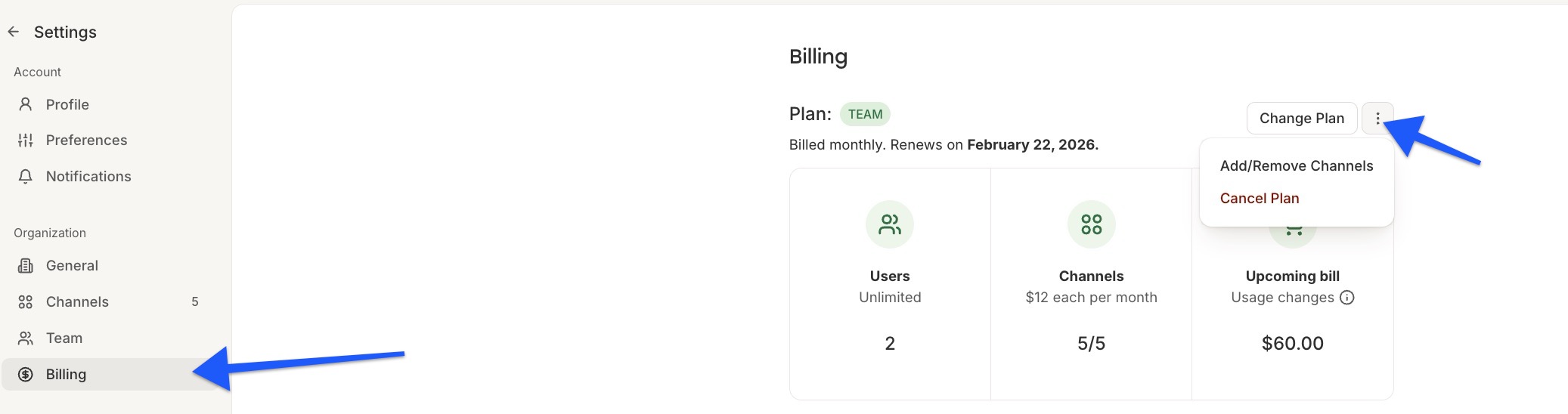 Buffer - Billing settings - arrow pointing to dropdown by Change Plan